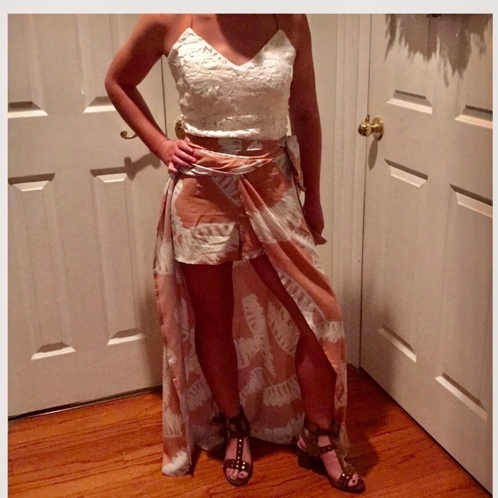 Strappy back romper with maxi skirt overlay